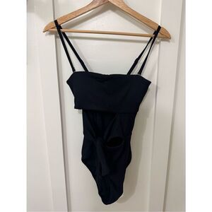 aerie Black Ribbed One-Piece Swimsuit with Tie Front
